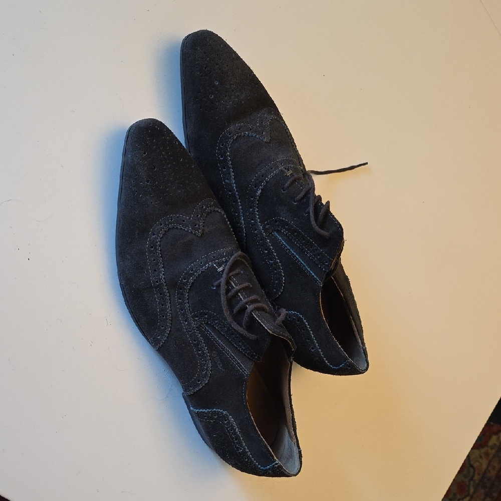 GEOX MENS DRESS SHOES,black Suede With Blue Stitching, Size 43